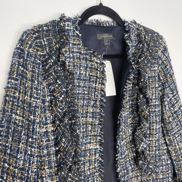 New Ann Taylor 4 Blue Black Ruffle Tweed Peplum Jacket Blazer Hook Eye Front - Picture 3 of 14